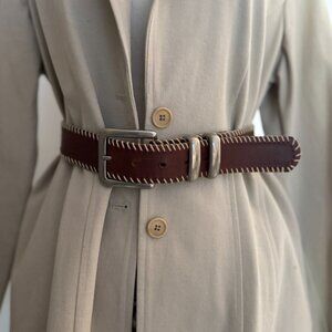 VINTAGE WESTERN brown leather belt with white stitch detailing - silver buckle